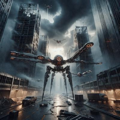 The primary subject of the image is a futuristic robotic war machine, which is the main focus of the scene. The robot is standing in the middle of a city street, surrounded by tall buildings. The setting is a city environment, with a cloudy sky overhead. The visual style of the image is a combination of photo and digital art, creating a unique and intriguing atmosphere. The dominant colors in the image are dark and moody, with the robot being the main source of light and contrast.